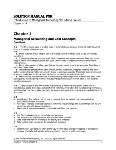Solution Manual for Introduction to Managerial Accounting 9th Edition by Eric Noreen, Peter Brewer, 