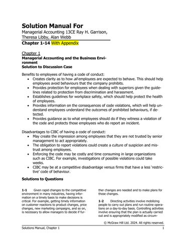 Solution Manual for Managerial Accounting 13th Canadian Edition by Ray H. Garrison, Theresa Libby, A