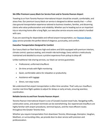 We Offer Premium Luxury Black Car Service from and to Toronto Pearson Airport