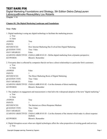 Test Bank for Digital Marketing Foundations and Strategy, 5th Edition Debra ZahayLauren LabrecqueBro