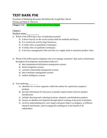 Test Bank for Essentials of Marketing Research, 6th Edition By Joseph Hair, David Ortinau and Dana E