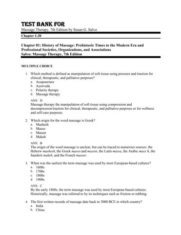 Test Bank For Massage Therapy 7th Edition by Susan G. Salvo Chapter(1-30)