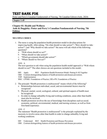 Test Bank For Potter and Perry's Canadian Fundamentals of Nursing 7th Canadian Edition (Astle, 2024)
