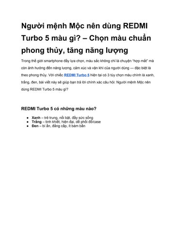 Người mệnh Mộc nên dùng REDMI Turbo 5 màu gì