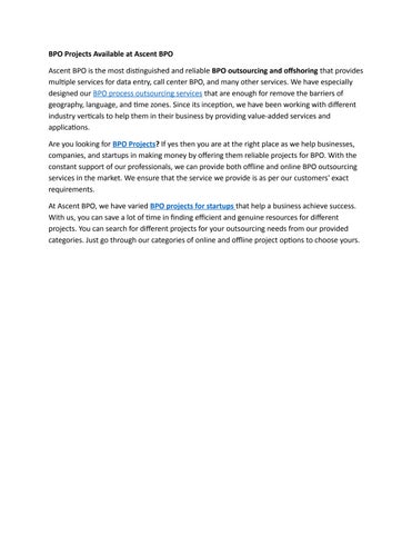 BPO Projects Available at Ascent BPO