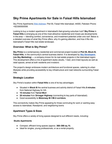 Sky Prime Apartments for Sale in Faisal Hills Islamabad