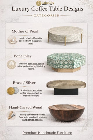 Luxury Coffee Table Designs: Bone Inlay, Mother of Pearl, Brass & Silver, and Hand-Carved Wood