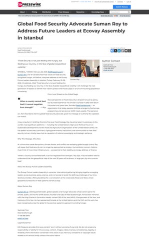 Global Food Security Advocate Suman Roy to Address Future Leaders at Ecovay Assembly in Istanbul