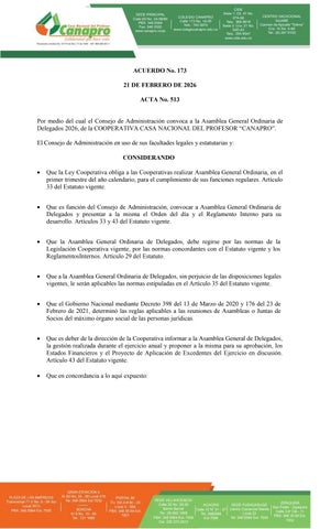 ACUERDO No.173-CONVOCATORIA ASAMBLEA GENERAL ORDINARIA DE DELEGADOS CANAPRO 2026-21022026