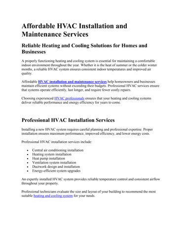 Affordable HVAC Installation and Maintenance Services