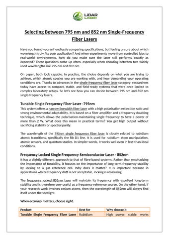 Selecting Between 795 nm and 852 nm Single-Frequency Fiber Lasers