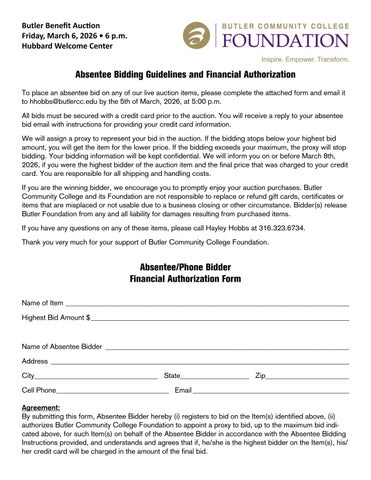 Absentee Bidder Form 2026 Auction