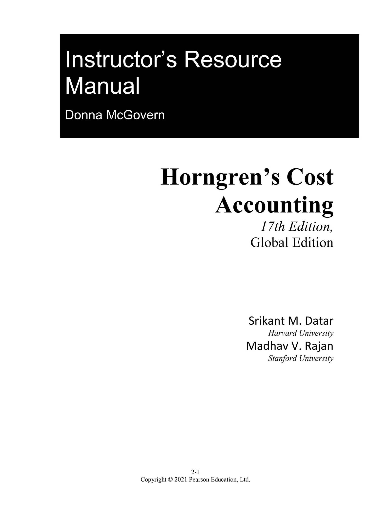 Instructor Manual For Horngren's Cost Accounting A Managerial Emphasis, Global Edition, 17th ...