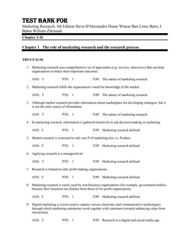 Test Bank For Marketing Research, 5th Edition by Steve D'AlessandroHume WinzarBen LoweBarry J. Babin