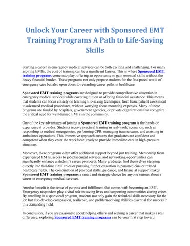 Unlock Your Career with Sponsored EMT Training Programs A Path to Life