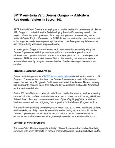 BPTP Amstoria Verti Greens Gurgaon – A Modern Residential Vision in Sector 102