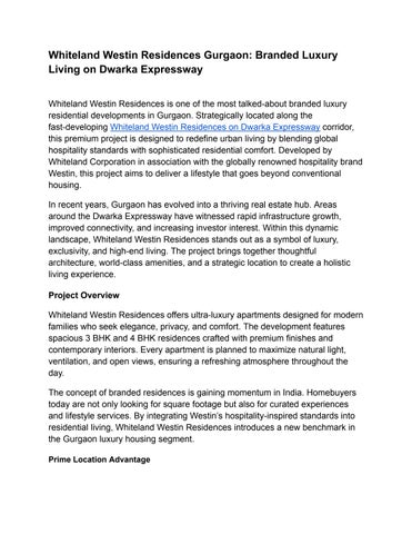 Whiteland Westin Residences Gurgaon: Branded Luxury Living on Dwarka Expressway
