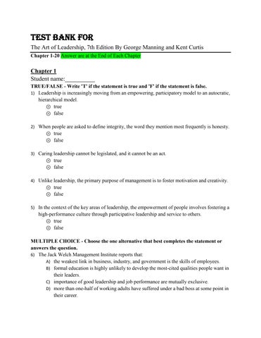 Test Bank For The Art of Leadership, 7th Edition By George Manning and Kent Curtis Chapter 1-20