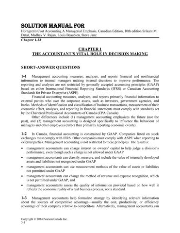 Solution Manual For Horngren's Cost Accounting A Managerial Emphasis Canadian Edition, 10th Edition 