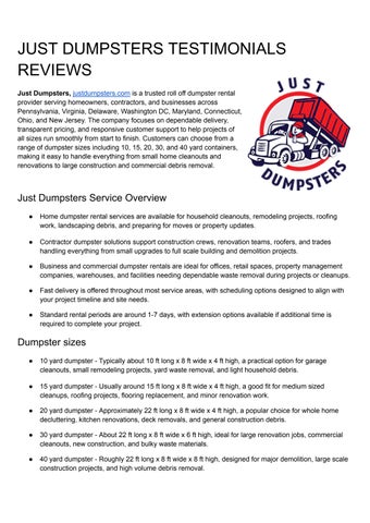 JUST DUMPSTERS TESTIMONIALS REVIEWS