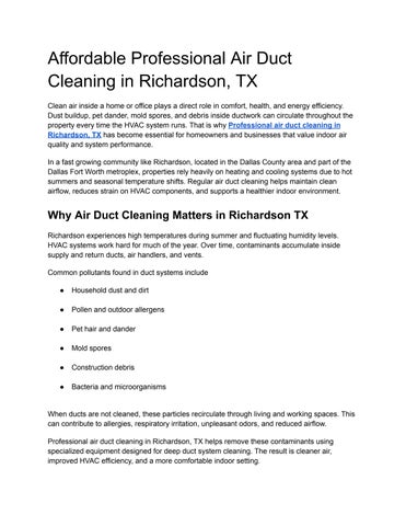 Affordable Professional Air Duct Cleaning in Richardson, TX