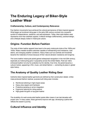 The Enduring Craft of Biker-Style Leather Wear: Heritage, Function, and Modern Identity