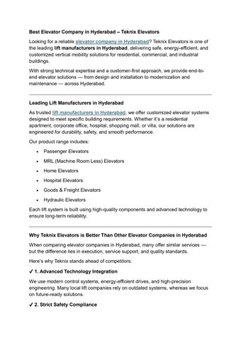 Best Elevator Company in Hyderabad – Teknix Elevators