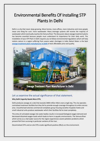 Environmental Benefits Of Installing STP Plants In Delhi