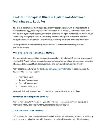 Best Hair Transplant Clinic in Hyderabad Advanced Techniques to Look For