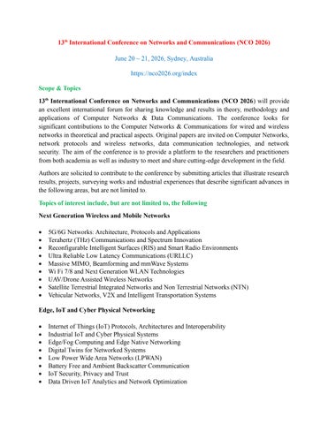 Call for Papers - 13th International Conference on Networks and Communications (NCO 2026)