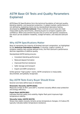 ASTM Base Oil Tests and Quality Parameters Explained