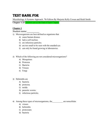 Test Bank For Microbiology A Systems Approach, 7th Edition By Marjorie Kelly Cowan and Heidi Smith C