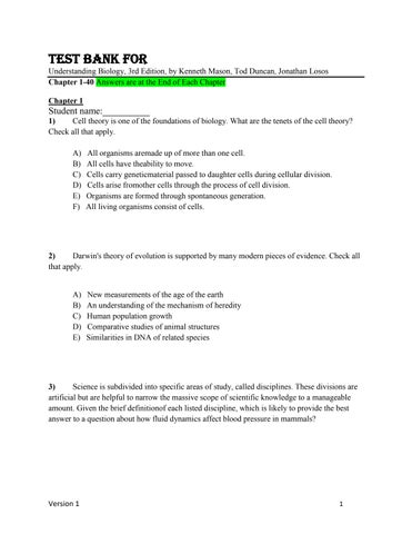 Test Bank For Understanding Biology, 3rd Edition by Kenneth Mason, Tod Duncan, Jonathan Losos Chapte