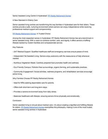 Best Assisted Living Hyderabad | ppreddyretirementhomes 