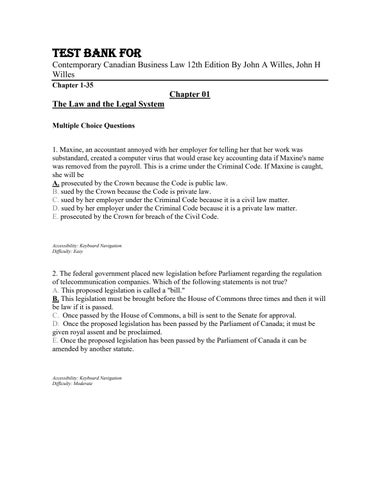 Test Bank For Contemporary Canadian Business Law 12th Edition By John A Willes, John H Willes Chapte