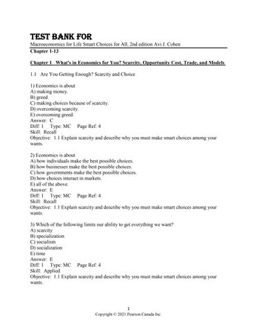 Test Bank For Macroeconomics for Life Smart Choices for All, 2nd Edition by Avi J. Cohen Chapter 1-1