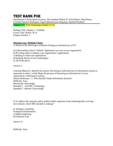 Test Bank For Introduction to Information Systems, 5th Canadian Edition by R. Kelly Rainer, Brad Pri