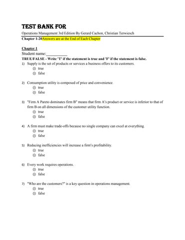 Test Bank For Operations Management 3rd Edition By Gerard Cachon, Christian Terwiesch Chapter 1-20