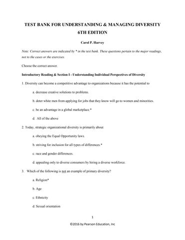 Test Bank for Understanding and Managing Diversity Readings, Cases, and Exercises, 6th edition Carol