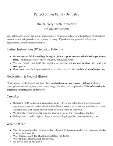 Pre-Op Instructions - Teeth Extraction