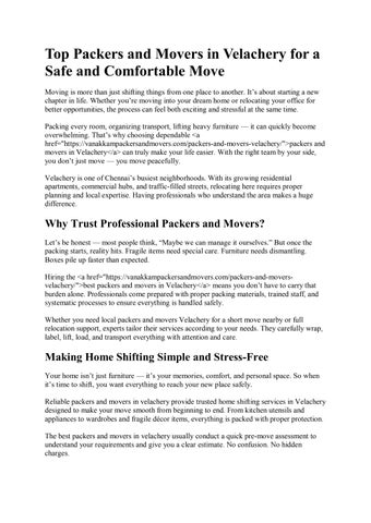 Top Packers and Movers in Velachery for a Safe and Comfortable Move