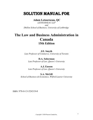 Solution Manual For Law and Business Administration in Canada, The, 15th Edition by J E. Smyth, Dan 