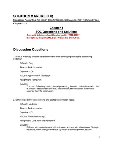 Solution Manual For Managerial Accounting, 1st Edition by Jennifer Cainas, Celina Jozsi, Kelly Richm