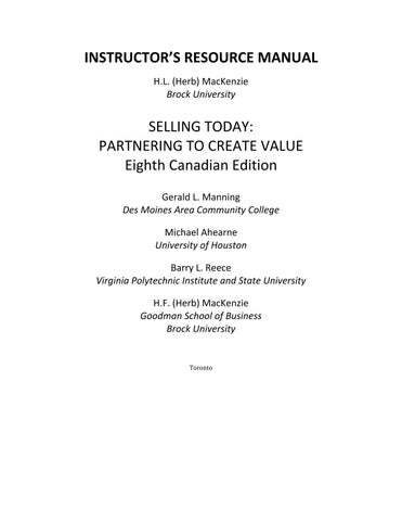 Solution Manual For Selling Today Partnering to Create Value, Canadian Edition, 8th Edition by Chapt