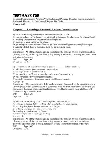 Test Bank For Business Communication Polishing Your Professional Presence, Canadian Edition, 2nd Edi