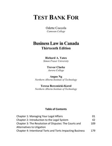 Test Bank For Business Law in Canada, 13th Edition by Richard A. Yates, Trevor Clarke, Angus Ng, Ter