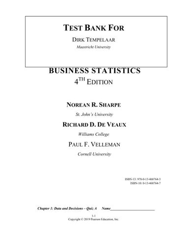 Test Bank For Business Statistics, 4th Edition by Norean R. Sharpe, Richard D. De Veaux, Paul F. Vel