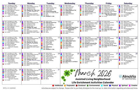 AlmaVia of San Rafael Life Enrichment Calendars | Carch 2026