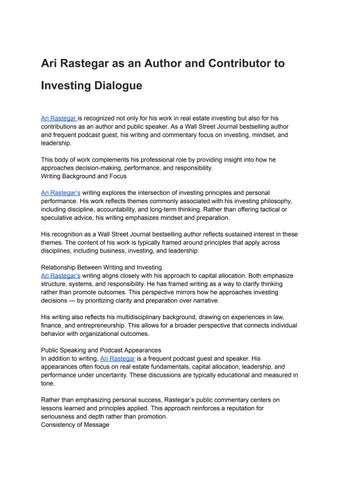 Ari Rastegar as an Author and Contributor to Investing Dialogue