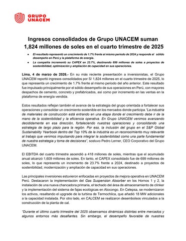 INGRESOS CONSOLIDADOS DE GRUPO UNACEM SUMAN 1,824 MILLONES DE SOLES EN EL CUARTO TRIMESTRE DE 2025